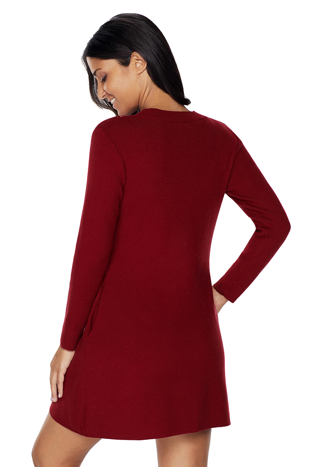 BY27712-3 Wine High Neck Long Sleeve Knit Sweater Dress